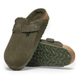 Birkenstock Clog Unisex Boston Shearling thyme, Suede Leather