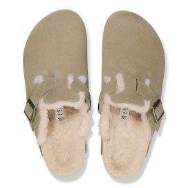 Birkenstock Clog Unisex Boston Shearling taupe, Suede Leather